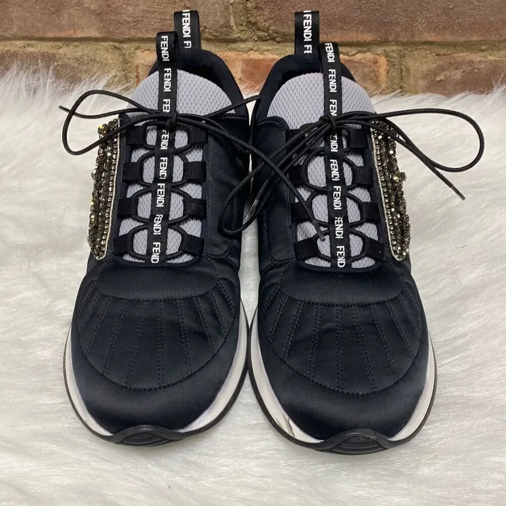 Fendi Embellished Black Satin Sneakers Size 37.5 - Picture 3 of 10